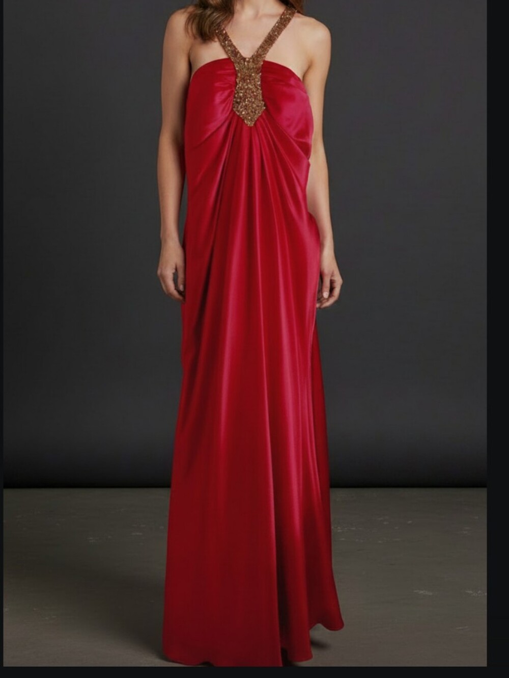 Red Satin Evening Dress with Gold Beaded Straps